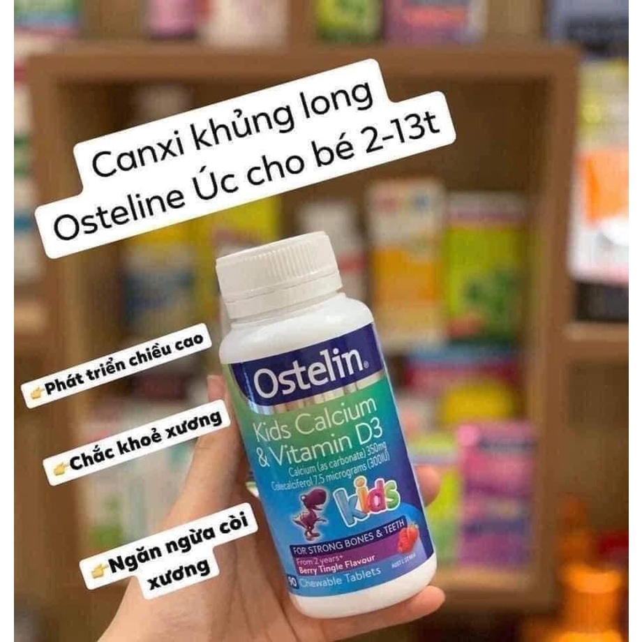 Canxi và Vitamin D3 cho bé, Canxi Khủng long Calcium &amp; D3 Ostelin Kids 90 viên nhai cho bé từ 2 tuổi