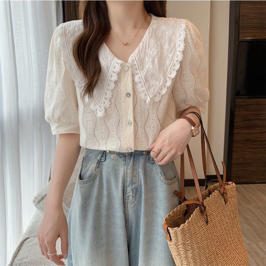 Áo Sơ Mi Trắng Tay Ngắn Cổ Búp Bê Phong Cách Hàn Quốc Ngọt Ngào Thời Trang Mùa