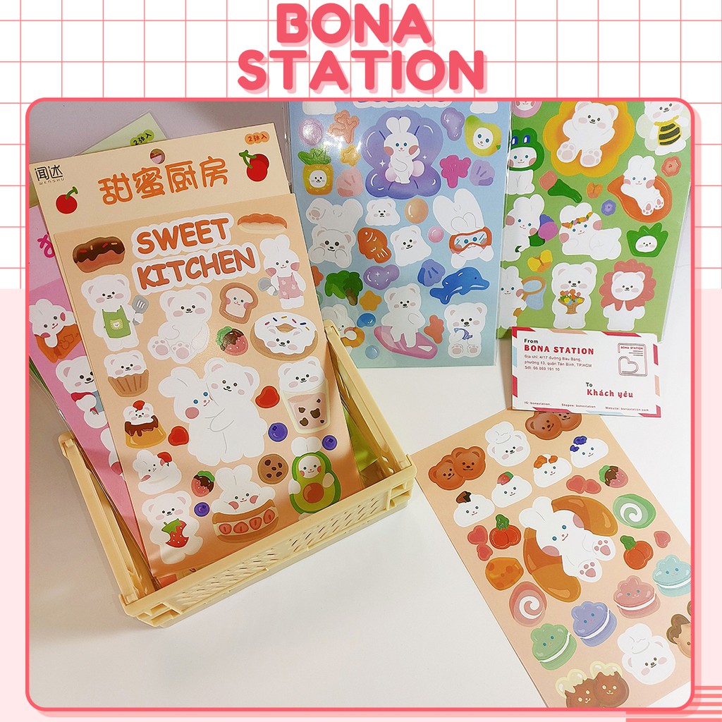 Bộ 2 tấm sticker nhãn giấy hình động vật gấu thỏ dán sổ Wenshu Bear ice cream | BSB282
