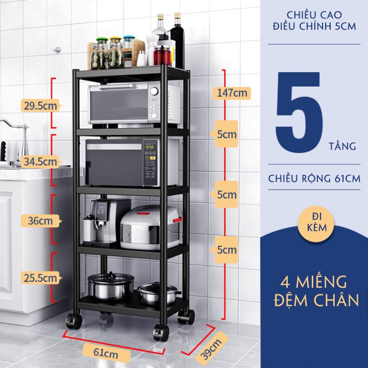 Kệ nhà bếp đa năng 5 tầng hiện đại, có bánh xe di chuyển tiện lợi. | BigBuy360 - bigbuy360.vn