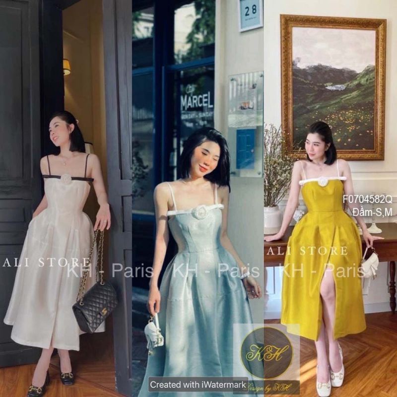 Đầm xòe xẻ tà trước 2 dây màu siêu xinh 0704