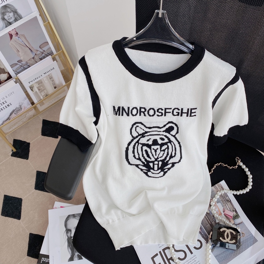 Áo thun ZHELIHANGFEI dệt kim ngắn tay cổ tròn thêu họa tiết xinh xắn