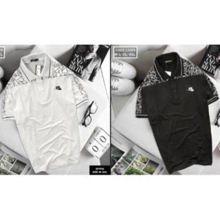 1H Áo thun nam cotton cổ bẻ in họa tiết màu đen, trắng