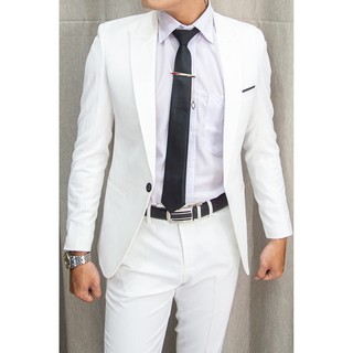 Bộ vest nam ôm body màu trắng (áo vest + quần tây + cà vạt + kẹp)