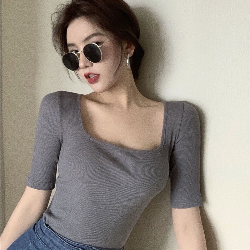 Áo Thun Tay Ngắn Cổ Vuông Hở Xương Quai Xanh Đơn Giản Thời Trang Xuân Hè Hàng Mới Dành Cho Bạn Nữ 2022