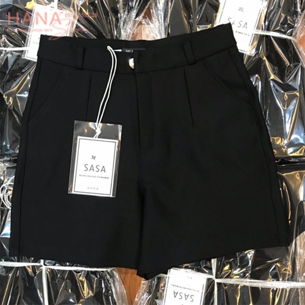 Quần short tuyết mưa 1 ly có túi khóa khuy cài đai thắt lưng ôm đùi mông màu Đen - Cạp lưng eo cao - Vải tuyết mưa