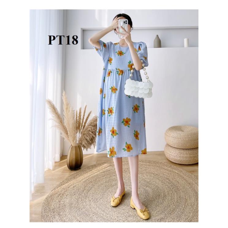 Đầm bầu voan gân hoa 2 màu kem và xanh