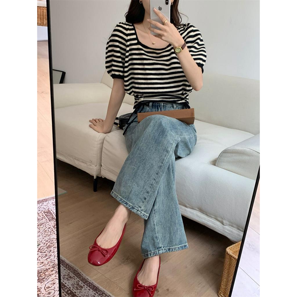 Áo Sweater Cổ Vuông Tay Phồng Họa Tiết Kẻ Sọc Phối Dây Rút Thời Trang Hàn Quốc 64087