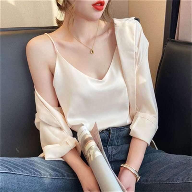 Áo hai dây lụa satin-Kiểu dáng trẻ trung mặc phối VEST BLAZER, Áo SƠ MI-Áo 2 dây lụa có FULL SIZE