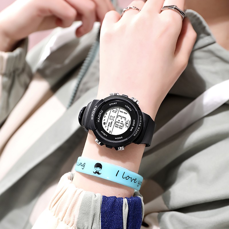 Đồng hồ điện tử nữ Aiqiuno HK01 full chức năng, thể thao cá tính, mặt tròn cực đẹp, kiểu dáng Hàn Quốc