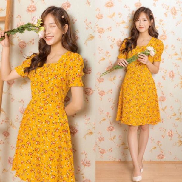 [Freeship] Váy Hoa Nhí, Váy hoa dáng xòe màu vàng cổ vuông đính khuy tay phồng đủ 4 size S M L XL e1058 [Ảnh thật] đẹp ༷