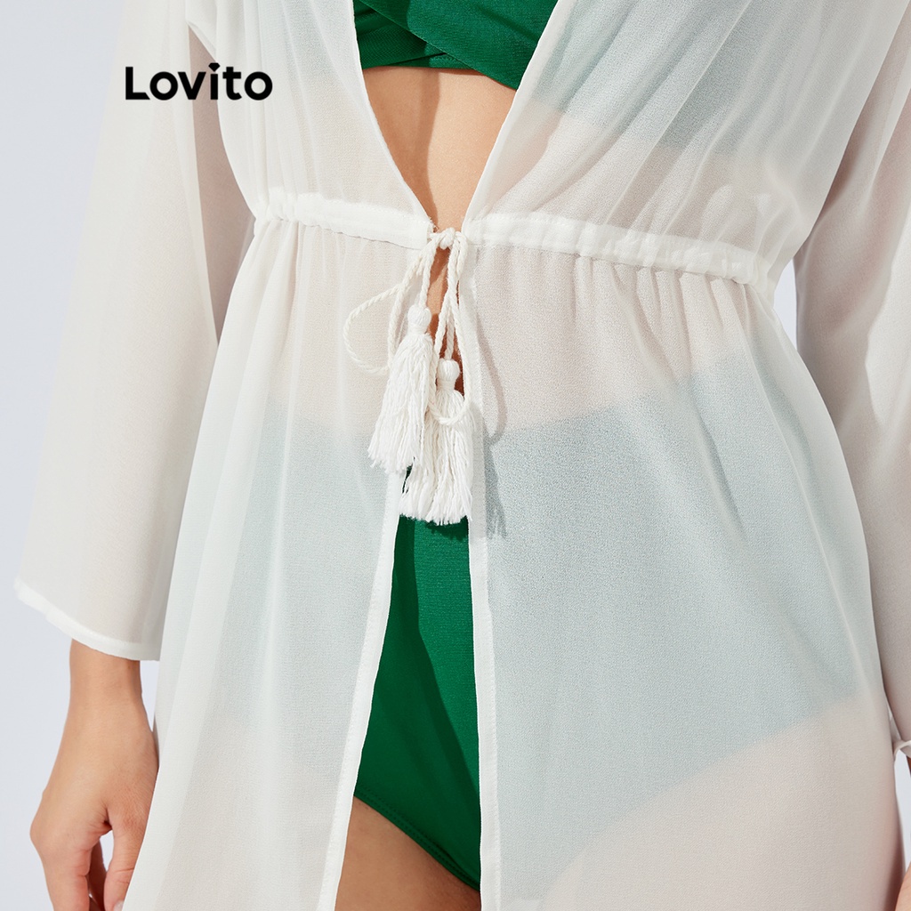 Áo khoác ngoài Lovito thiết kế cổ thẳng trơn màu thắt dây phong cách Boho L26AD008 (màu trắng)