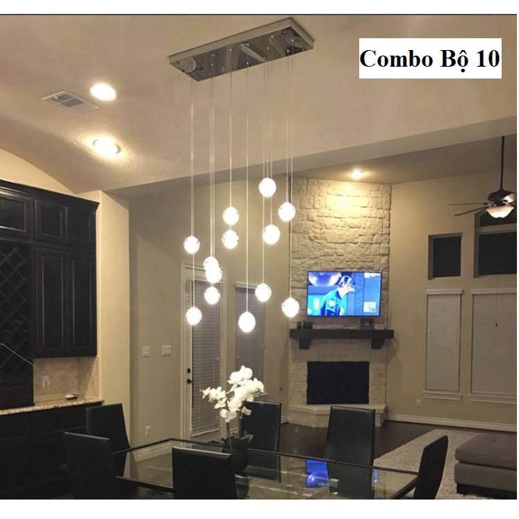 Bộ 10 Đèn thả thông tầng pha lê giọt nước thủy tinh - Kèm Đế Chung Tròn - Tặng kèm bóng LED - Bảo Hành 1 Năm