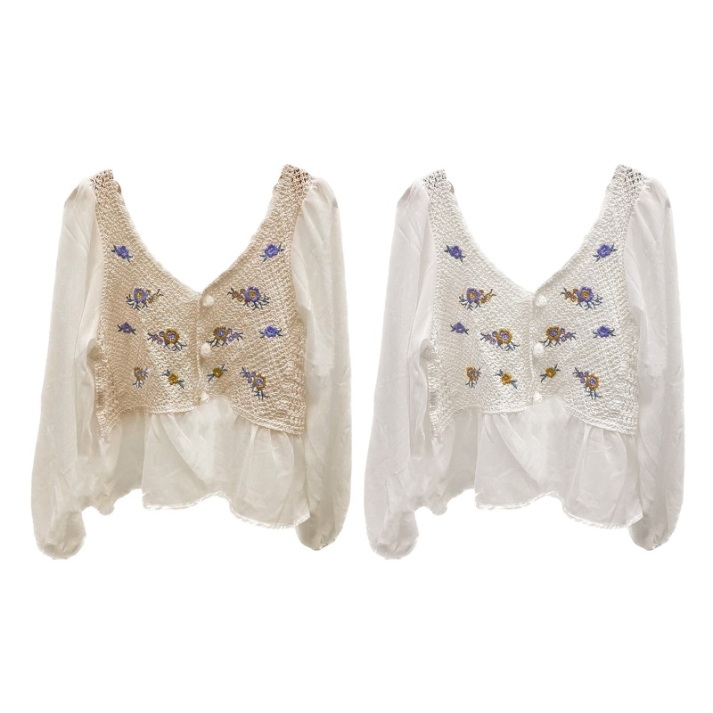 Brroa Áo Sơ Mi Tay Phồng Thêu Hoa Cài Nút Phía Trước Thời Trang Mùa Xuân Cho