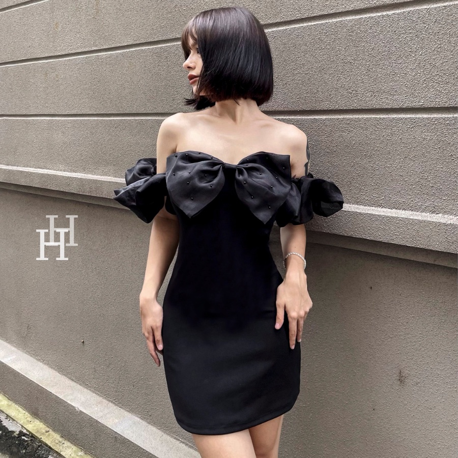 Đầm body cúp ngực formset tay bèo nơ màu đen HDT284 Hỉn Hỉn Store