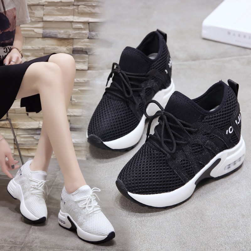 ☂Net Shoes Siêu cao gót trắng Giày thể thao nữ lưới thoáng khí phiên bản Hàn Quốc tăng 10cm bánh xốp đan đơn