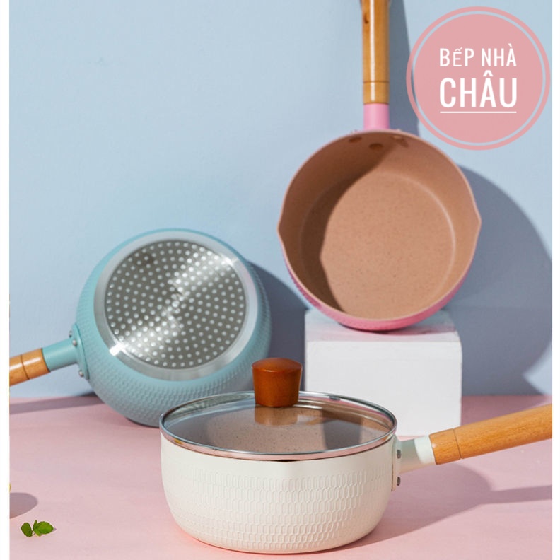 Chảo chống dính vân đá sâu lòng, tay cầm cán gỗ chống bỏng màu pastel siêu đẹp