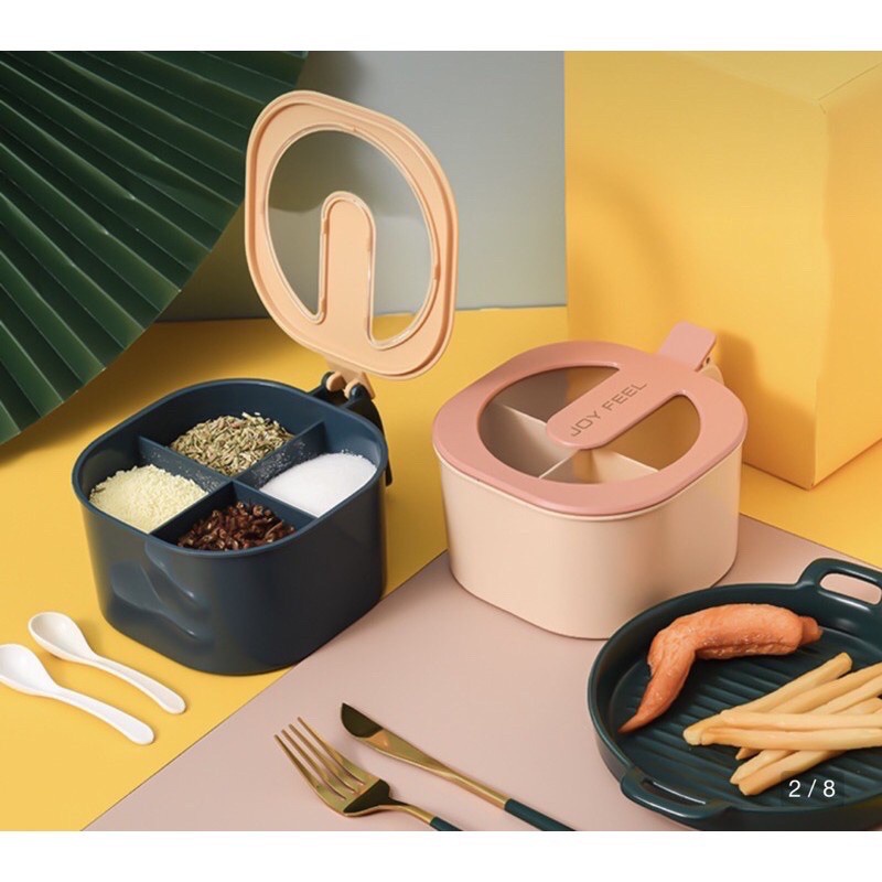 Hộp đựng gia vị 4 ngăn có nắp đậy tặng kèm thìa ECOCO