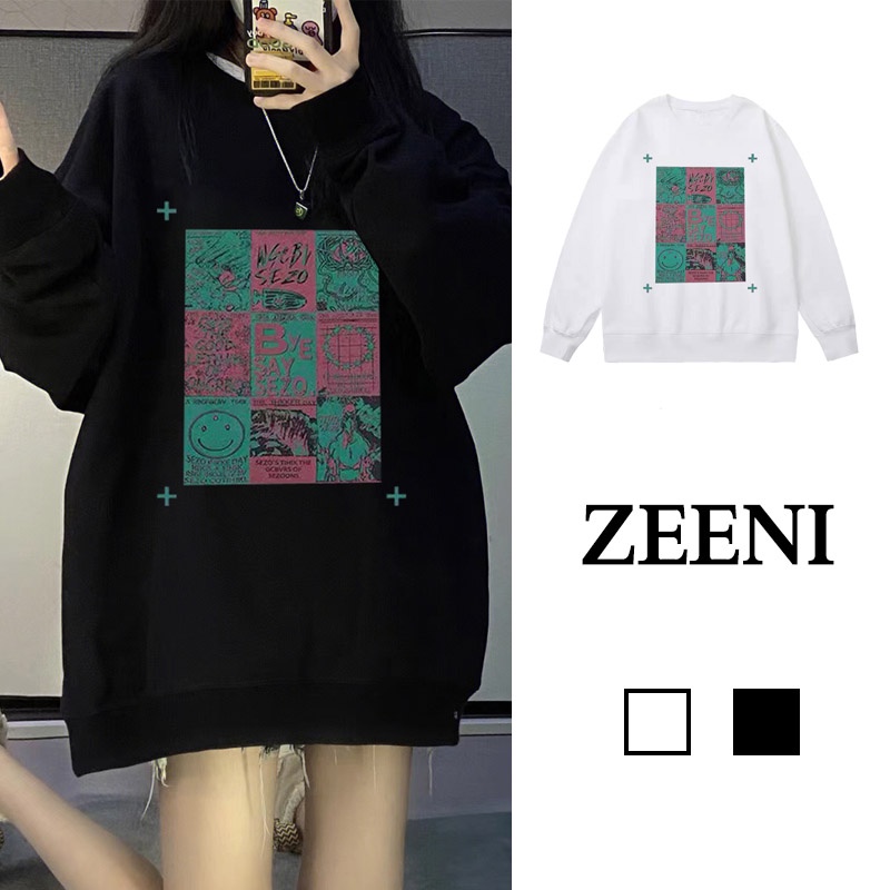 SELVZE Áo sweater cổ tròn dáng rộng in họa tiết thời trang đường phố Mỹ cá tính cho nữ