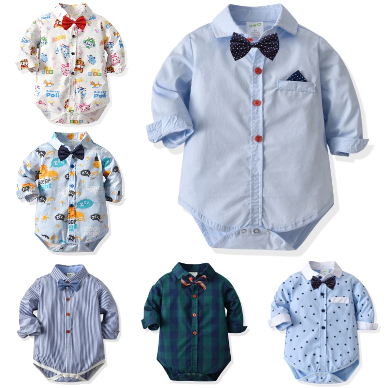 Bộ Áo Liền Quần Tay Dài Vải Cotton Phối Cà Vạt Nơ Thời Trang Cho Bé Trai 0-3 Tuổi