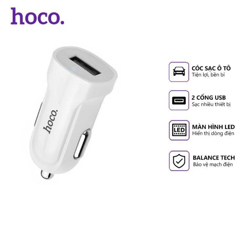 Cóc sạc nhanh Hoco Z2 trên xe hơi 1 cổng USB 1.5A, nhựa ABS, tương thích nhiều thiết bị