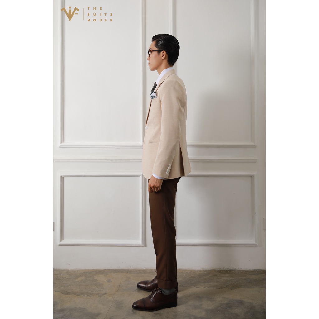 Bộ vest nam cam nhạt phối nâu đậm, 2 khuy 3 túi, suits sartorial chất linen The Suits House