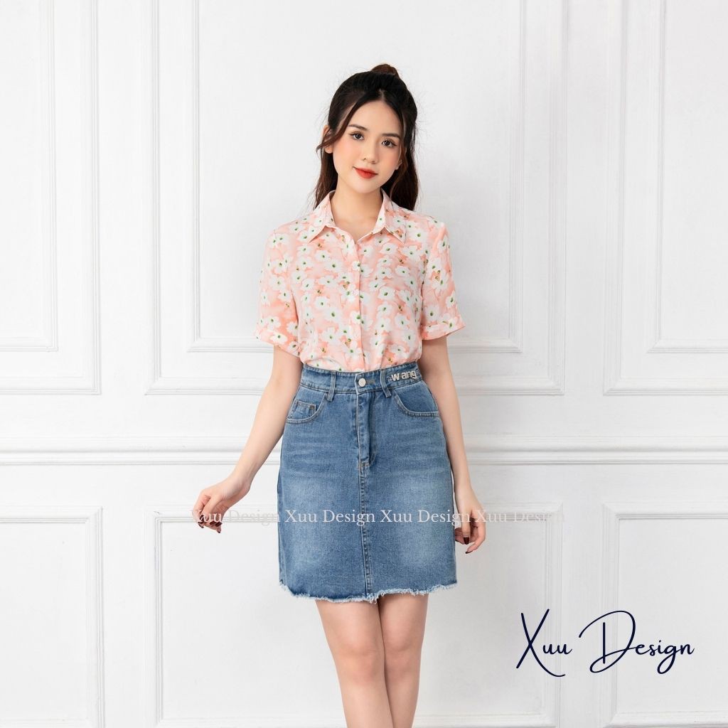 Áo sơ mi nữ cộc tay họa tiết Xuu Design, Sơ mi kiểu thiết kế hoa cúc trẻ trung chất vải mềm mát lên dáng đẹp - SK10
