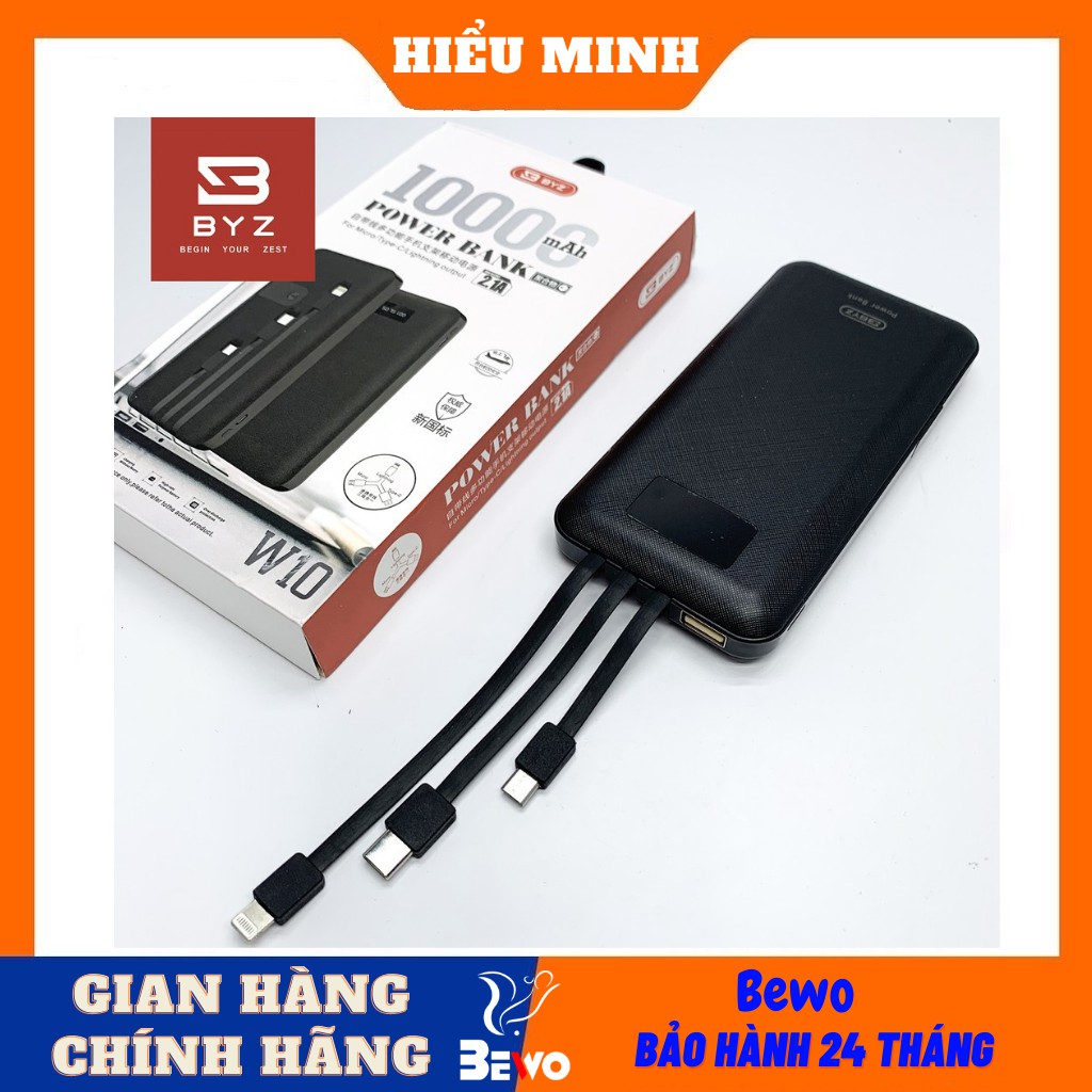 Sạc dự phòng BYZ W10 dung lượng 10.000mah , kèm sẵn 3 dây sạc cực tiện lợi