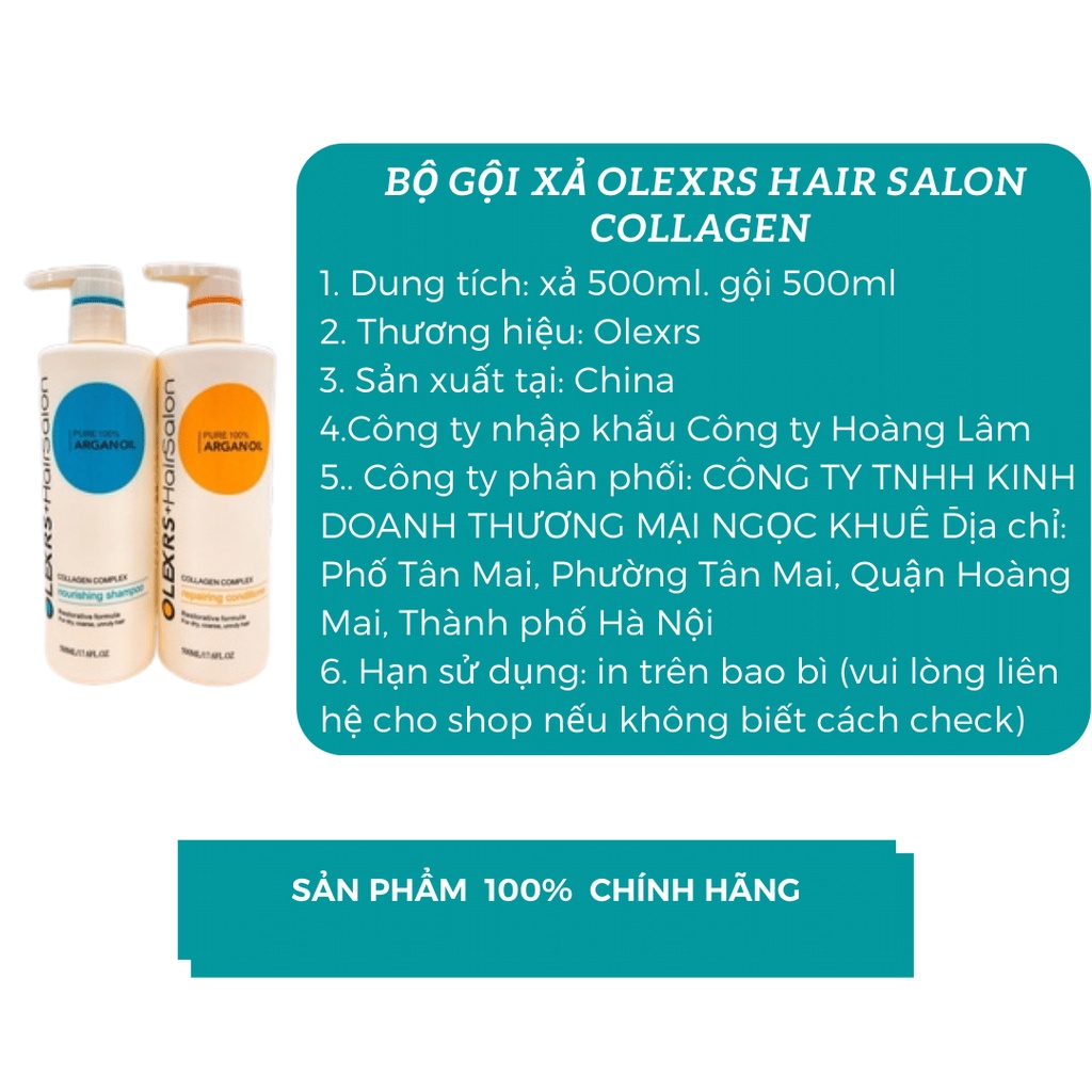 Bộ Gội Xả Olexrs Hair Salon Collagen - Mọc Tóc, Phục Hồi Tóc, Chống Rụng Tóc, Tóc Nhuộm