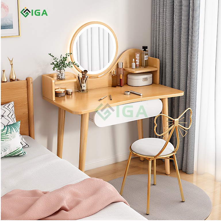 Bàn trang điểm thông minh có kệ đựng mỹ phẩm gương tròn nhà tắm đèn led bắc âu- GP201