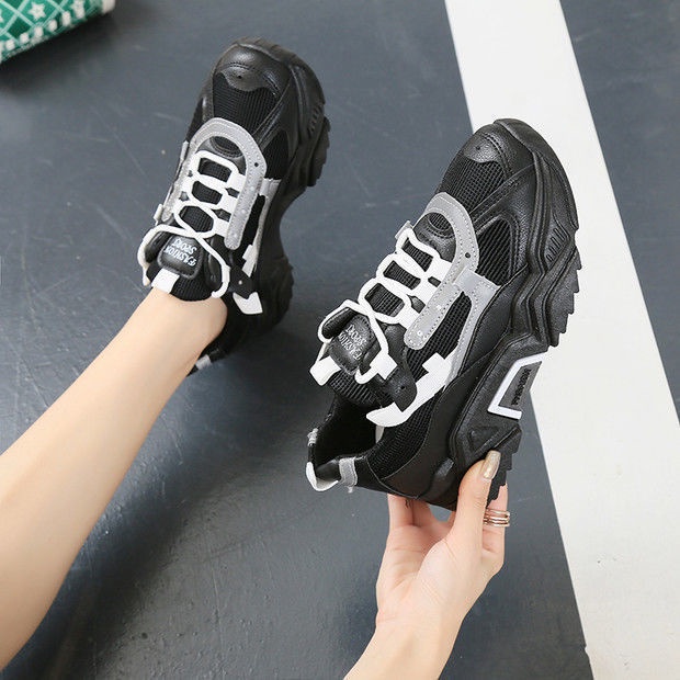 Giày thể thao nữ sneaker YC vải thoáng khí phối da viền phản quang dây kép màu trắng xám/đen