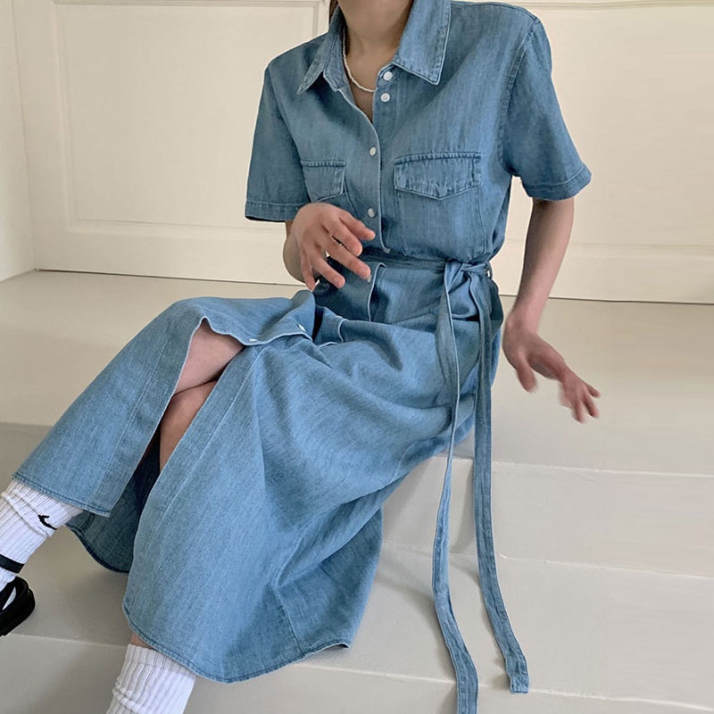 Đầm sơ mi demin dáng dài kèm belt