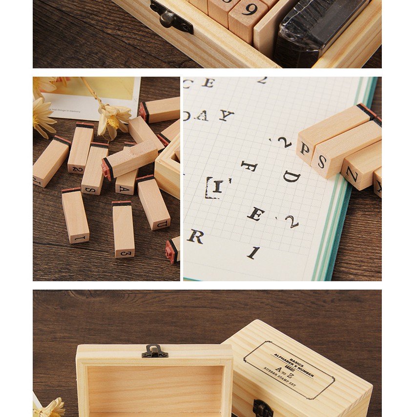 Bộ 36 con dấu gỗ Full bộ chữ cái Alphabet + Chữ số tặng kèm Hộp mực đóng dấu trang trí sổ tay, album
