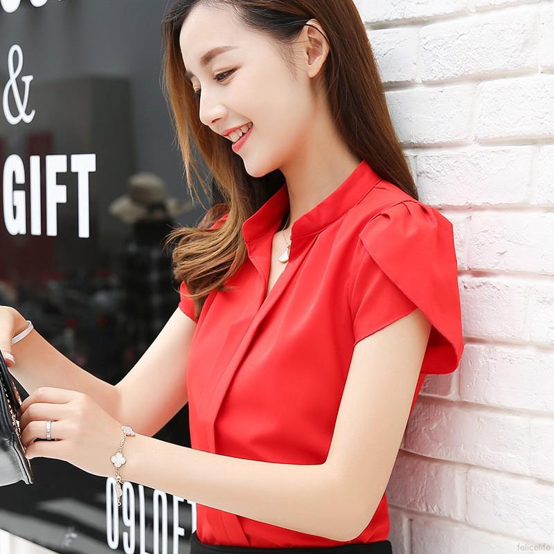 Áo sơ mi voan tay ngắn cổ V thời trang thanh lịch cho nữ