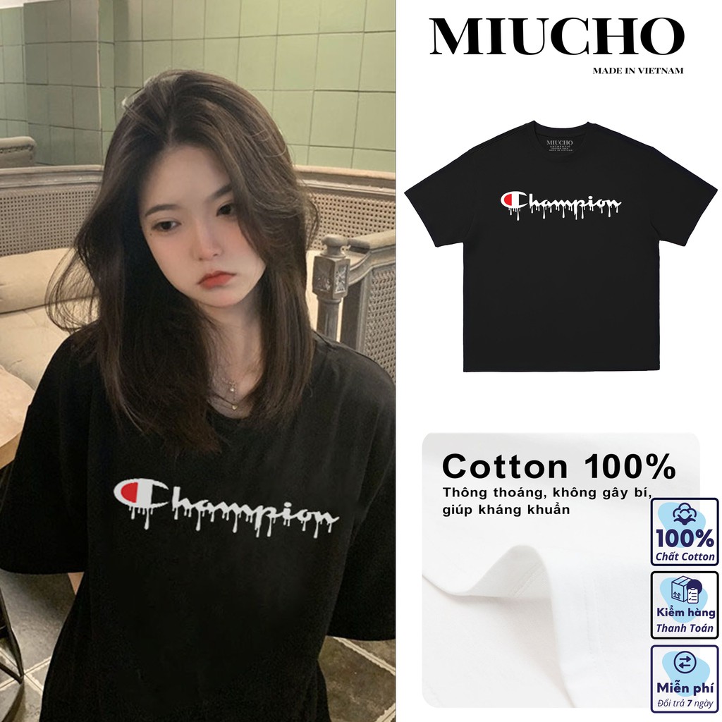 Áo phông chamipon nữ form rộng tay lỡ unisex, áo thun chamipon nữ form rộng tay lỡ unisex cotton AT134 Miucho in logo
