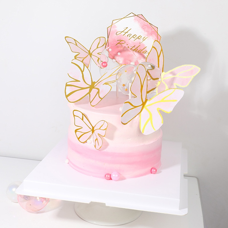 Set Que Cắm Trang Trí Bánh Sinh Nhật Hình Công Chúa Bướm Hồng Sơn Màu Sáng Tạo