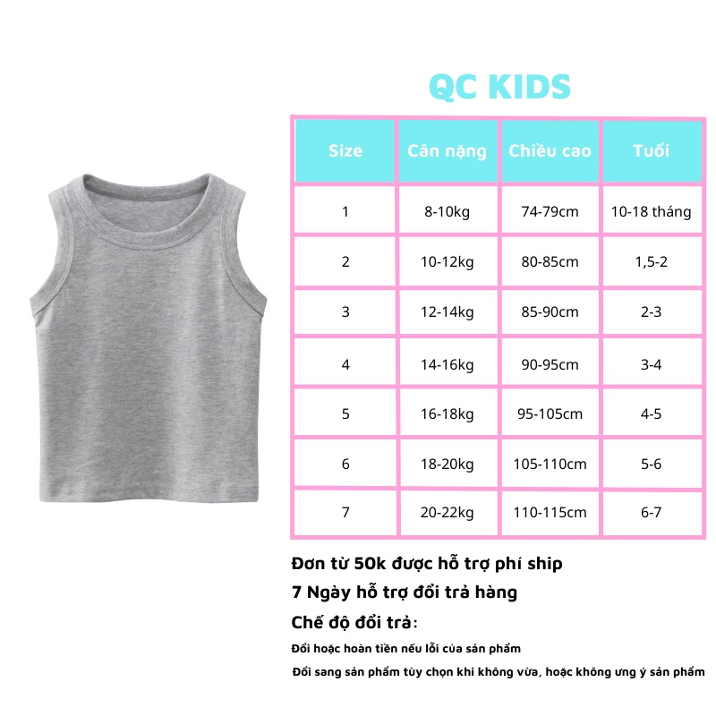 Áo ba lỗ bé trai bé gái QC-KIDS, áo cho bé chất liệu cotton trơn nhiều màu 8-18kg