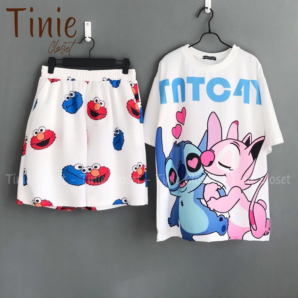 Set đồ bộ hoạt hình form rộng Unisex Stitchs Couple Tinie Closet, Áo thun+Quần đùi Freesize