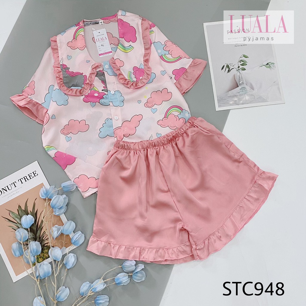 LUALA PYJAMAS - Đồ Ngủ Lụa Cộc Đùi Cao Cấp Cổ Bèo Ngựa Mây Hồng