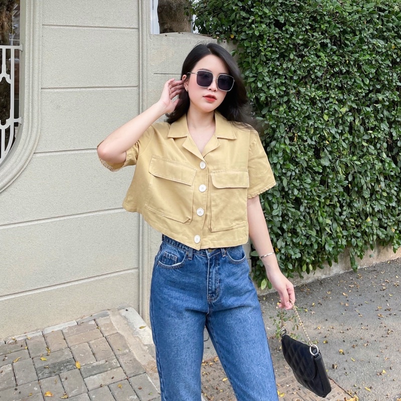 Áo croptop cổ áo sơ mi viền chỉ nổi