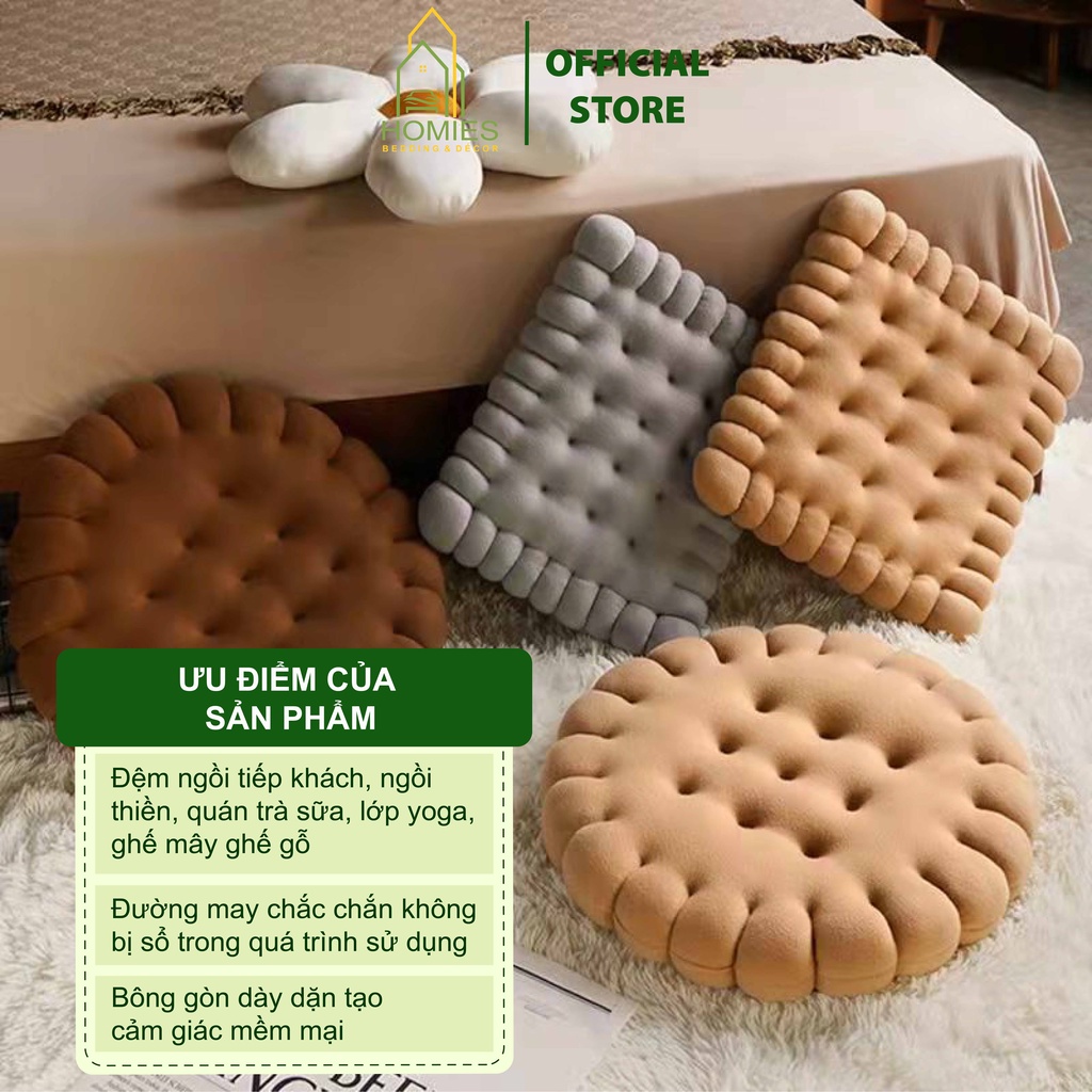Đệm Ngồi Bệt HOMIES Bedding & Décor Hình Bánh Quy Vải Nhung Mềm Mại Êm Ái - Kích Thước 45cm x 40cm