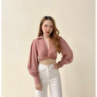 Áo sơ mi croptop xoắn eo