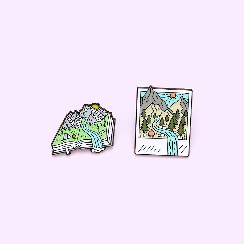 Snow mountain photo brooch forest sun badge Alaska landscape pin adventure jewelry nature lover gift travel accessory Brooches