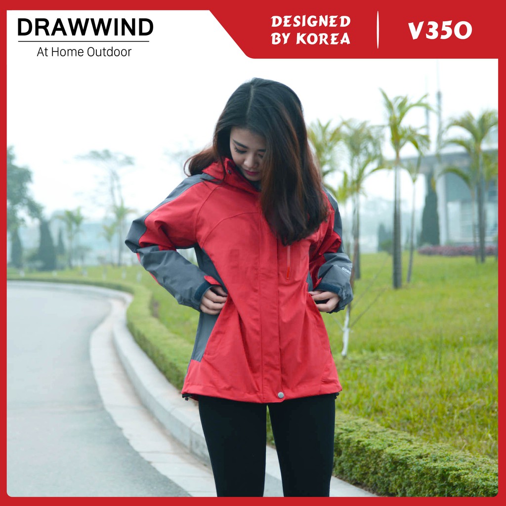 Áo gió 2 lớp nam nữ chống nước màu đỏ size châu á,khoác dù vải GORE TEX Drawwind V350