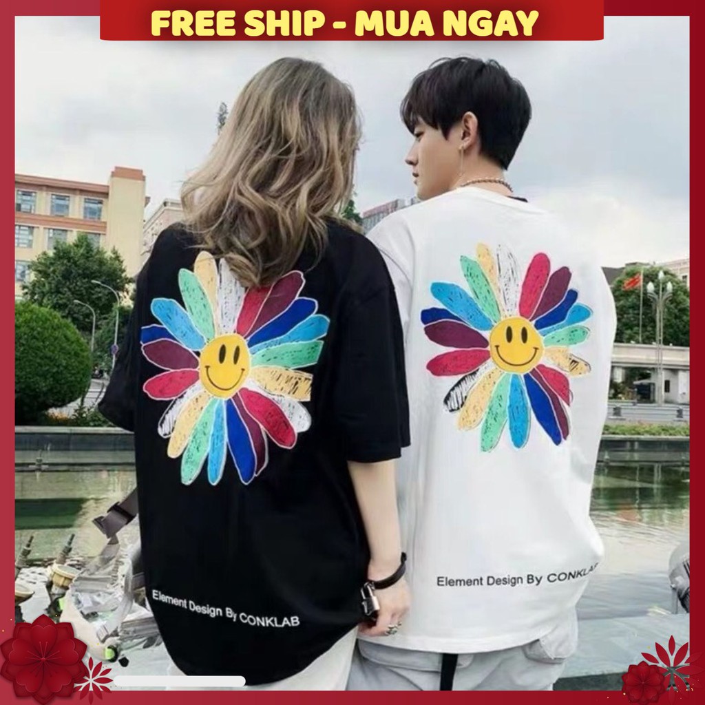 Áo thun form rộng tay lỡ ( hoa 7 màu cười ) - áo thun unisex tay lỡ FREESIZE dưới 65kg nam nữ | BigBuy360 - bigbuy360.vn