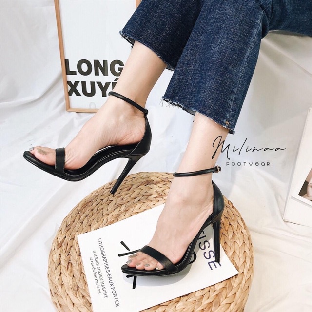 GIÀY CAO GÓT NGỌC TRINH QUAI NGANG 7P GÓT NHỌN MÀU ĐEN TRẮNG SANDAL ĐI TIỆC CÔNG SỞ