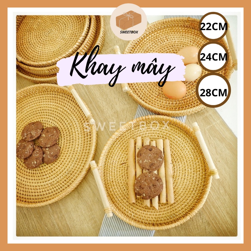 Khay Trà Mây Tròn Có Tay Cầm Đựng Bánh Trái Decor - Dĩa Mây Tròn Nhiều Size - Khay Mây Guột Hàng Thủ Công Trang Trí