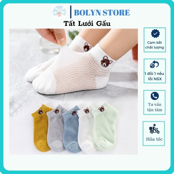 Vớ Sơ Sinh - Set 5 Đôi Tất Lưới Thông Hơi Hình Gấu Cho Bé - Tất Điều Hòa Mùa Hè Cho Bé Sơ Sinh BOLYN