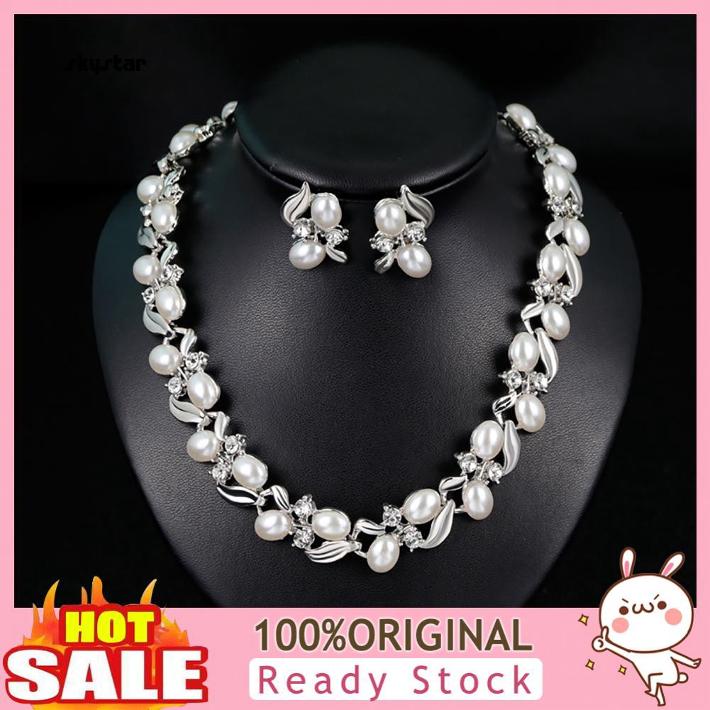 Bộ Vòng cổ + Bông Tai Đính Đá &amp; Ngọc Trai Giả Thời Trang Cho Nữ