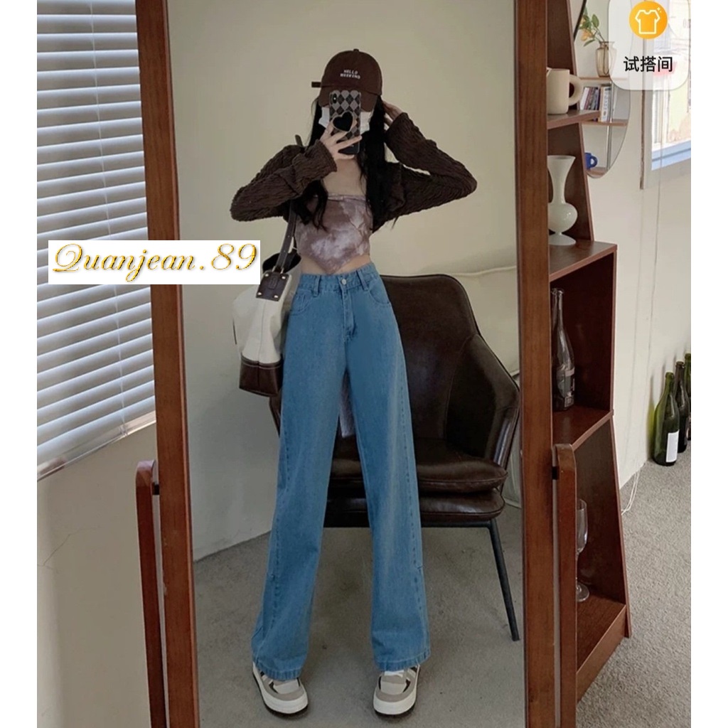 Quần jean bò ống xuông rộng dáng vintage màu xanh nhạt Quanjean.89